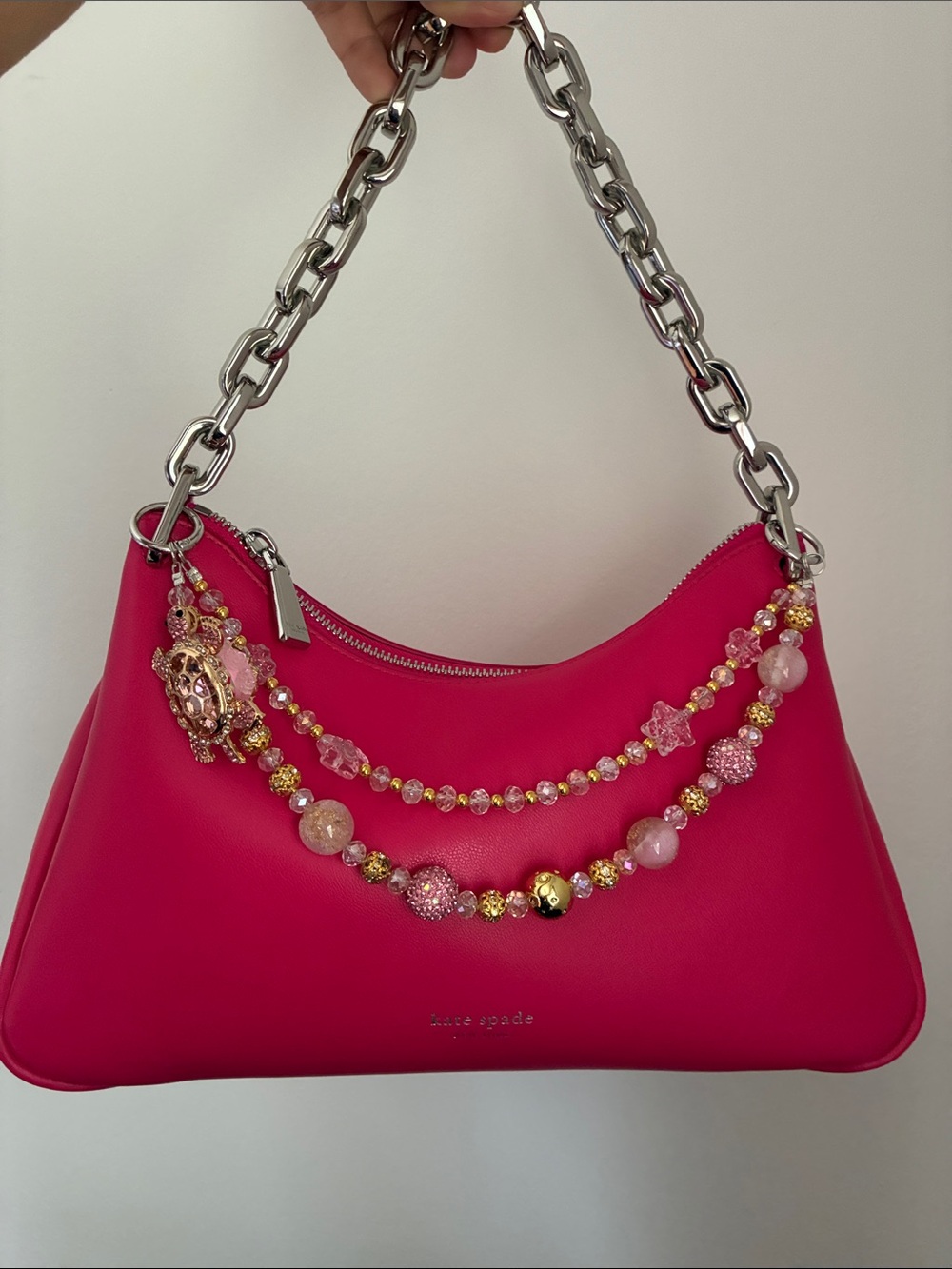 Pink and Gold Beaded Chain Strap with Sea Turtle Gem Purse Charm